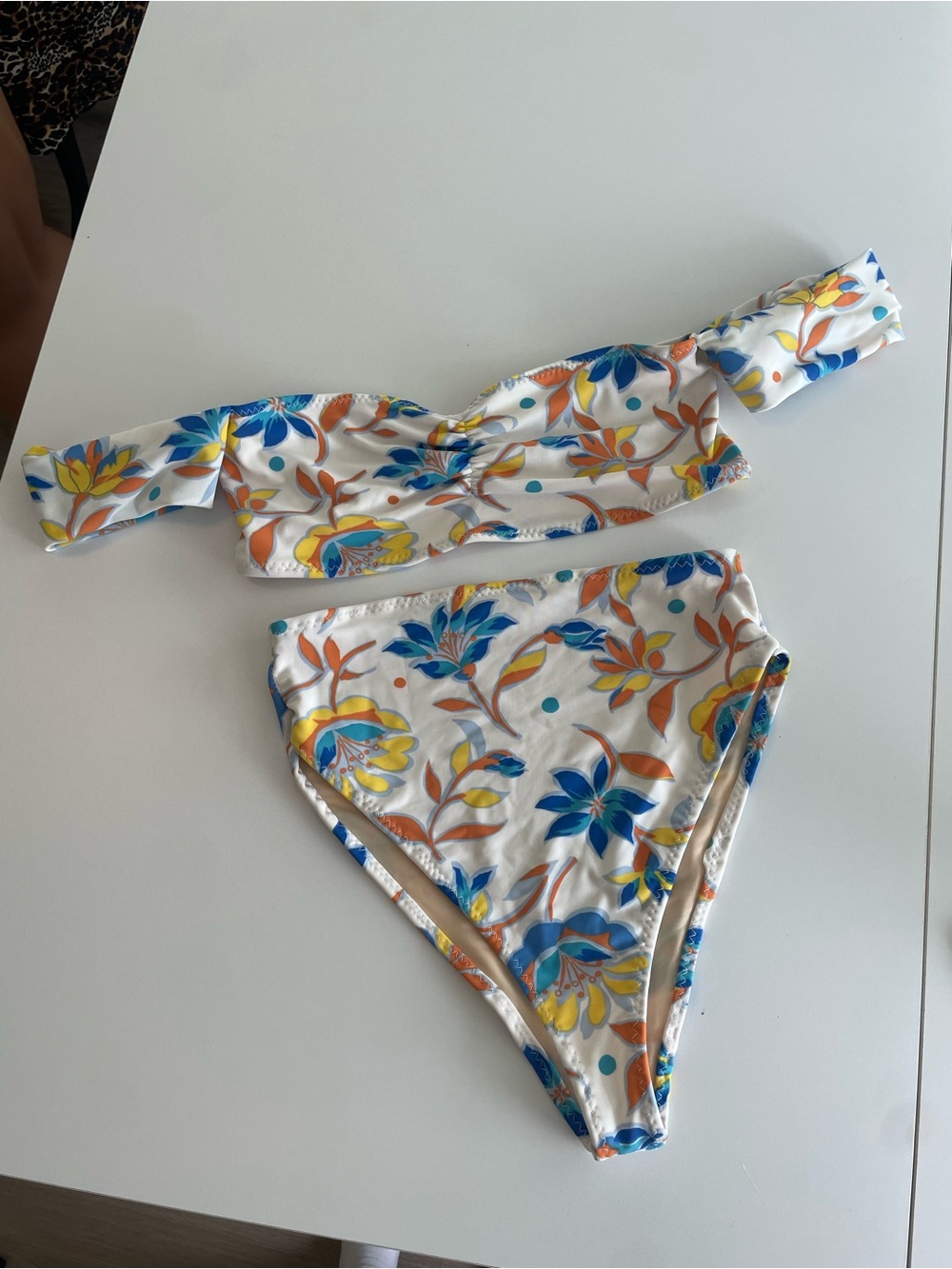 Floral Off-Shoulder High-Waist Bikini - White with Blue & Orange Floral